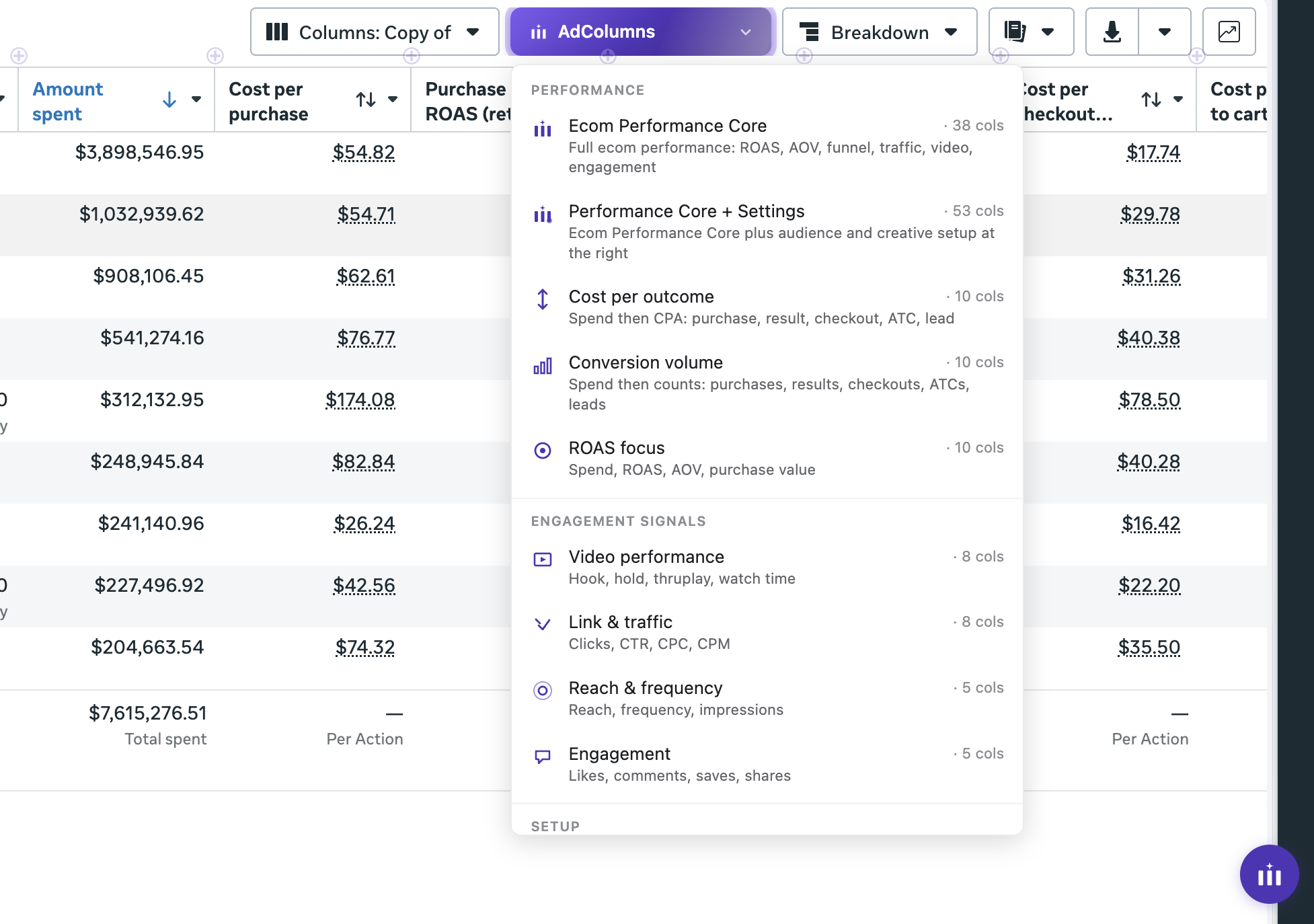 AdColumns Quick Views dropdown open inside Meta Ads Manager